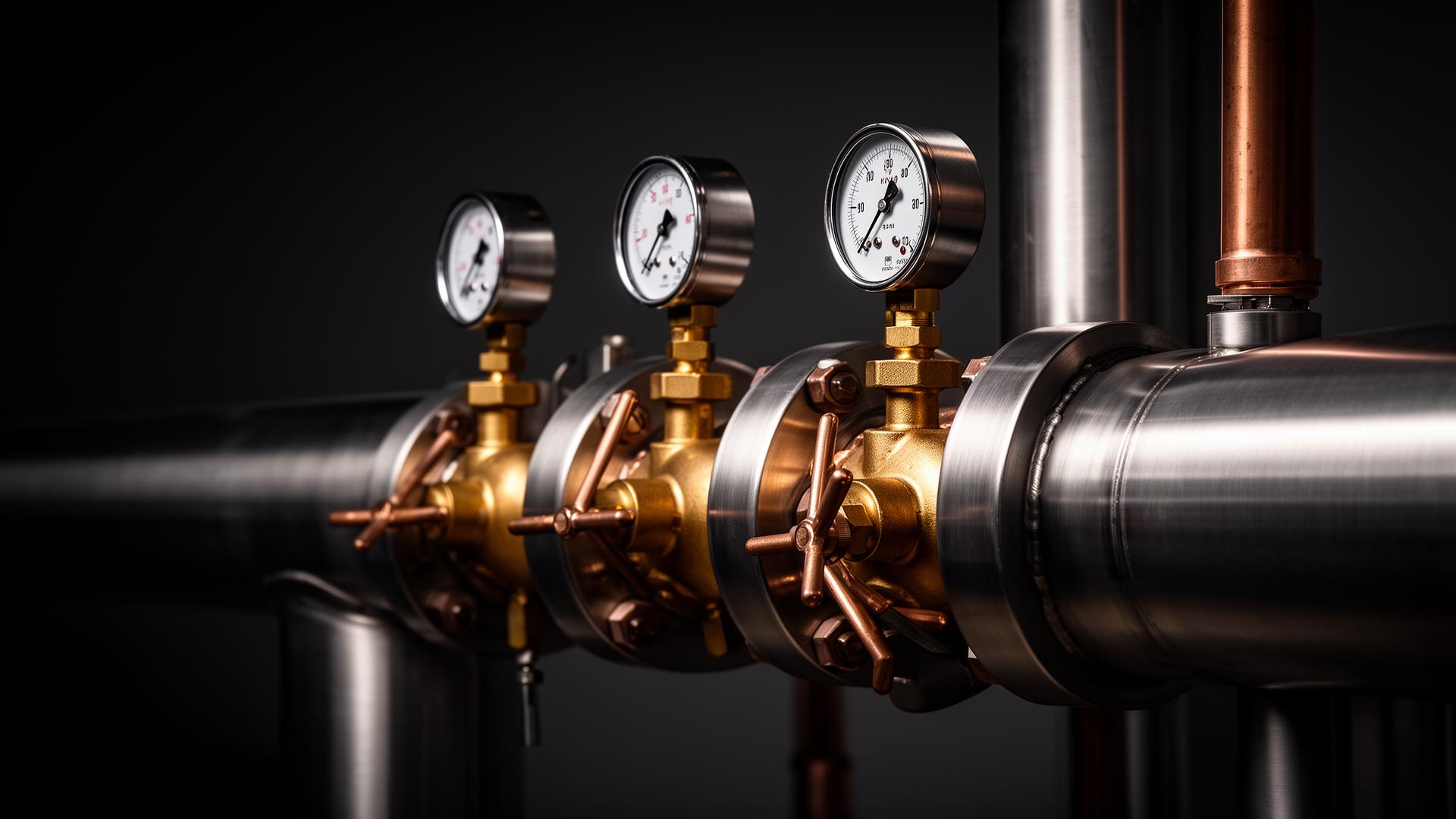 Industrial pipeline manifold with pressure gauges and brass valves